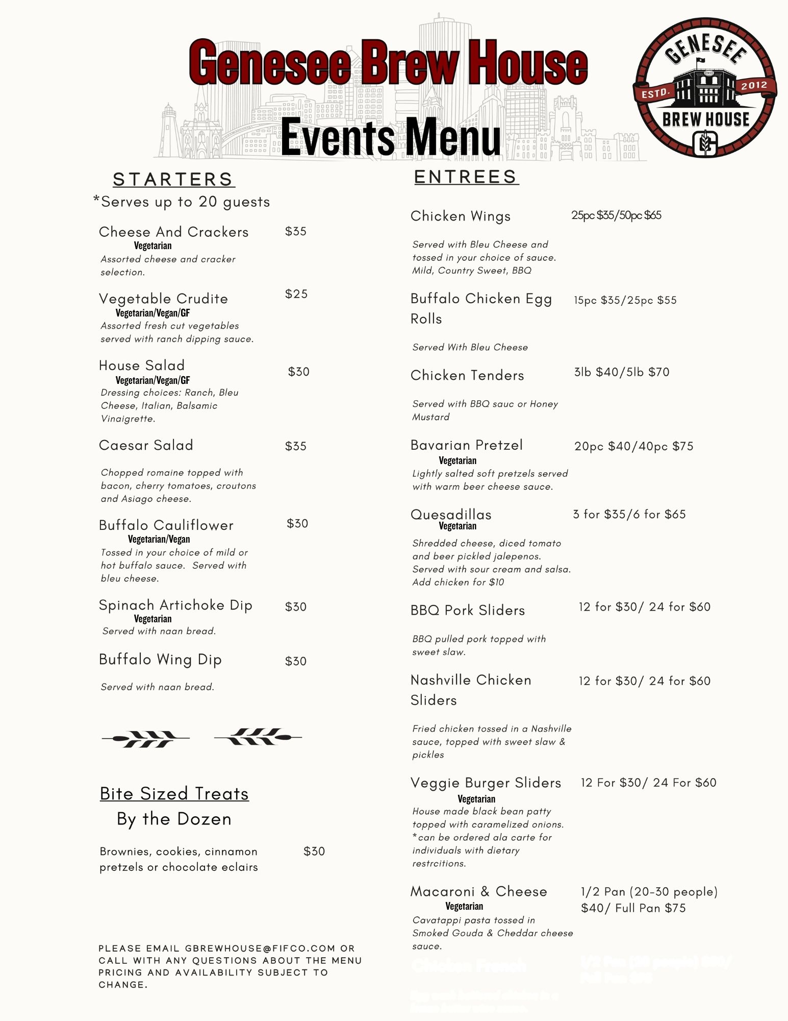 Private Events Menu